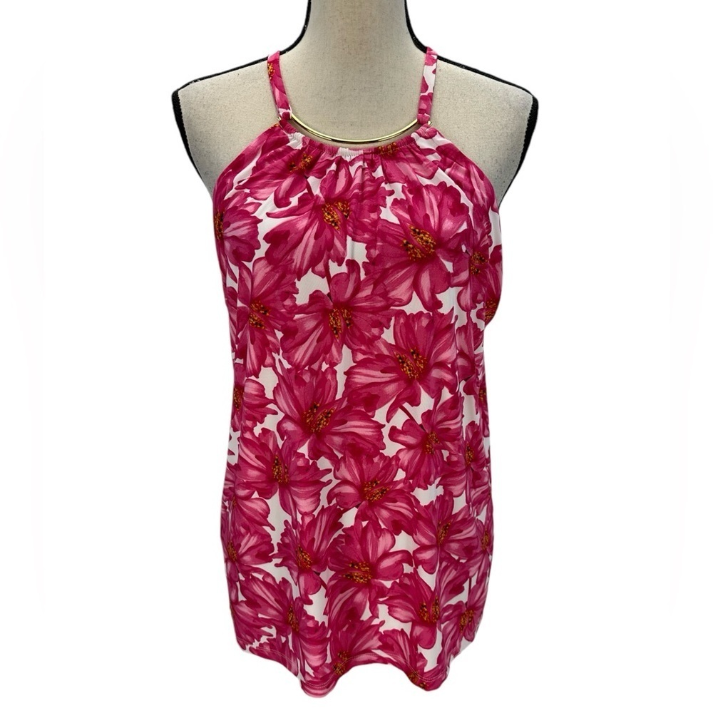 INC Sleeveless Metal Detailed Halter Neck Floral Print Blouse - Hot Pink - Large